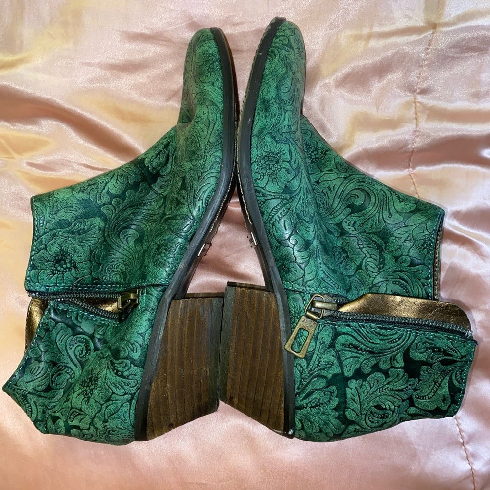 Vintage green floral ankle booties